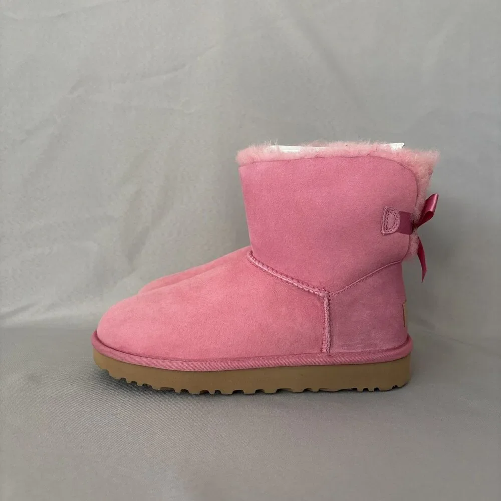 Womens UGG Boots Mini Bailey Bow WBRR Pink Sz 7 Suede Coquette Festival Sold Out - Picture 7 of 15